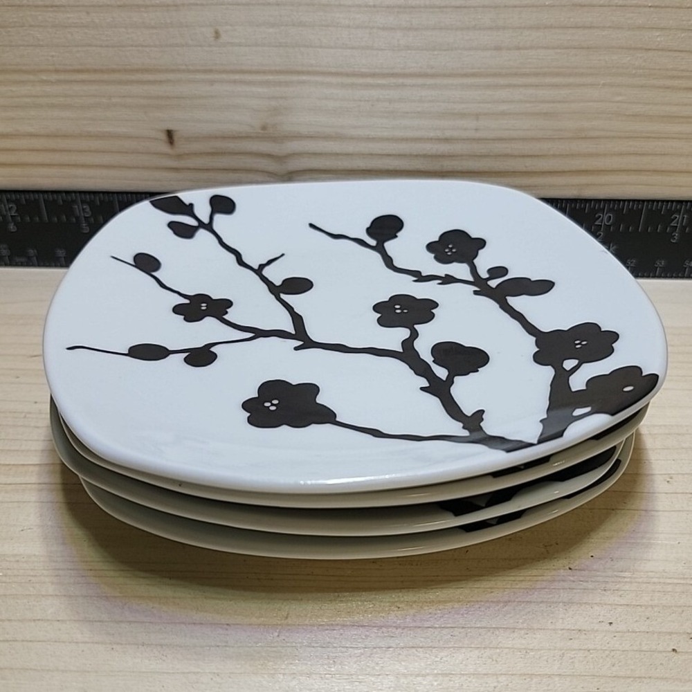 Roscher Ceramic Appetizer Plates Set of 4 White Black Cherry Blossom Square 6.5"
